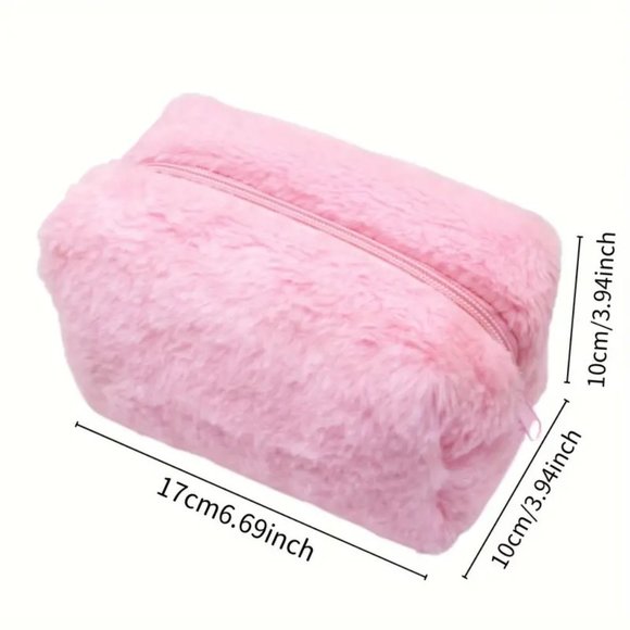 Fuzzy Cosmetic Bag Makeup Travel Organize Clutch Toiletry Pink or White Weekend - Picture 4 of 9